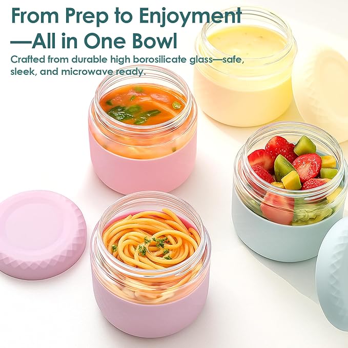 24 oz Glass Lunch Bowl Container with Lid | Leak & Spill Proof, BPA-Free, Microwave & Dishwasher Safe, Airtight Meal Prep & Food Storage Jar for Lunch