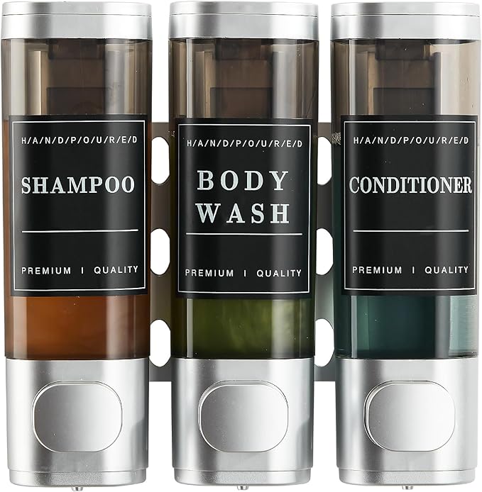 Shampoo and Conditioner Dispenser,Shower Dispenser 3 Chamber No Drill Wall-Mounted Shampoo Dispenser for Shower Wall Mounted Body Wash Dispenser for Bathroom Hotel Kitchen Large Capacity,Silver1