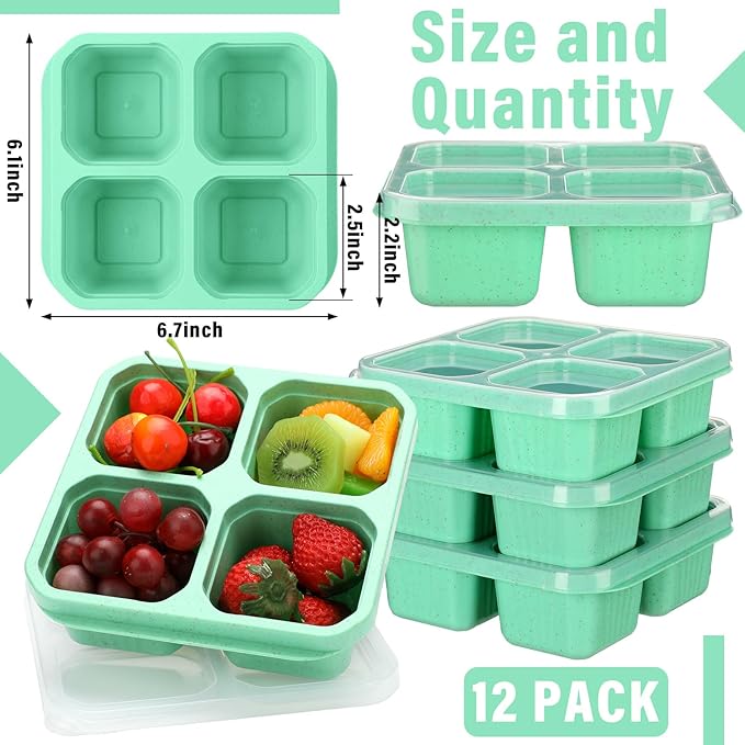 Ziliny 12 Pcs 4 Divided Compartments Snack Containers Bento Wheat Straw Snack Box with Lid Reusable Meal Prep Lunch Box Food Storage Containers for Adults Christmas Travel Work Gifts(Green)