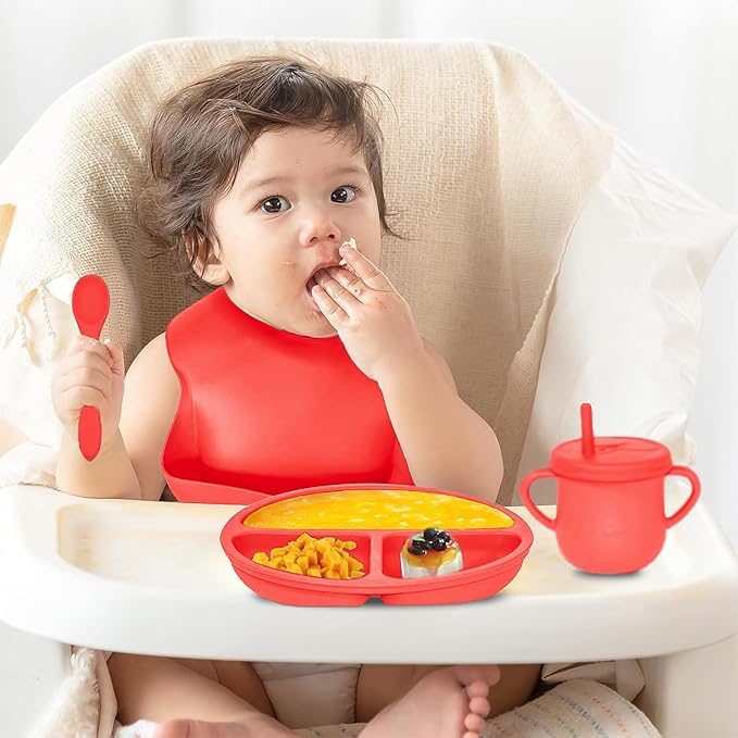 100% Silicone baby feeding set,BPA free Baby dishes set with Suction Bowl Divided Plate,Toddler Self Feeding Dish Set with Spoons Forks Sippy Cup And Bib, Baby Eating Utensils (Scarlet)