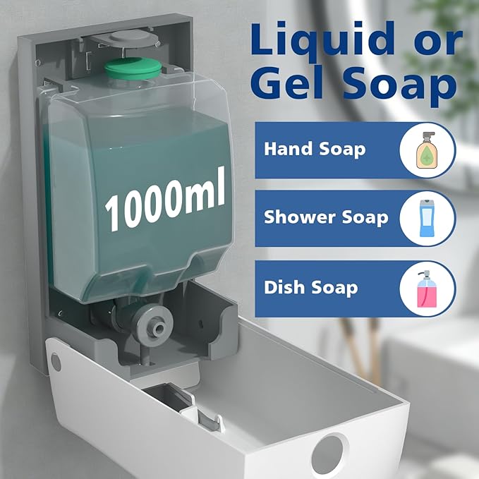 Hand Soap Dispenser Wall Mount No Drill 33.8oz/1000ml Manual Liquid Soap Dispenser Bathroom Large Capacity Commercial Shower Dispenser No Drill Restaurants Home Office, White