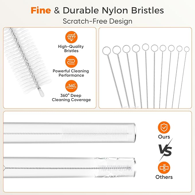 10-Packs Premium Straw Cleaner Brush in Mixed Sizes, 8IN Long Reusable Stainless Steel Cleaning Brushes Set with Soft Sturdy Nylon Bristles for Metal
