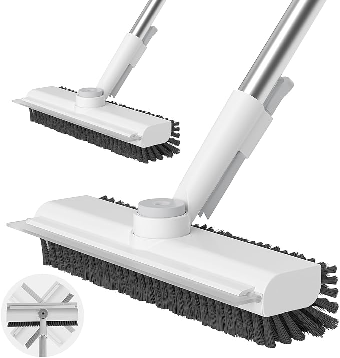 Floor Scrub Brush with Long Handle, 3 in 1 Scrape and Heavy-Duty Stiff Bristle Scrubber Brush for Cleaning Shower Bathroom, Patio, Garage, Kitchen