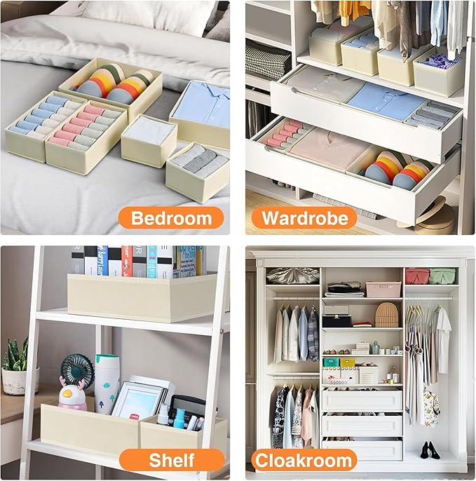 DIMJ Drawer Organizer Clothes, 15 Pack Dresser Organizer, Foldable Closet Organizers and Storage, Fabric Dresser Bins, Drawer Dividers for Nursery, Baby Clothes, Underwears, Sock (Beige)
