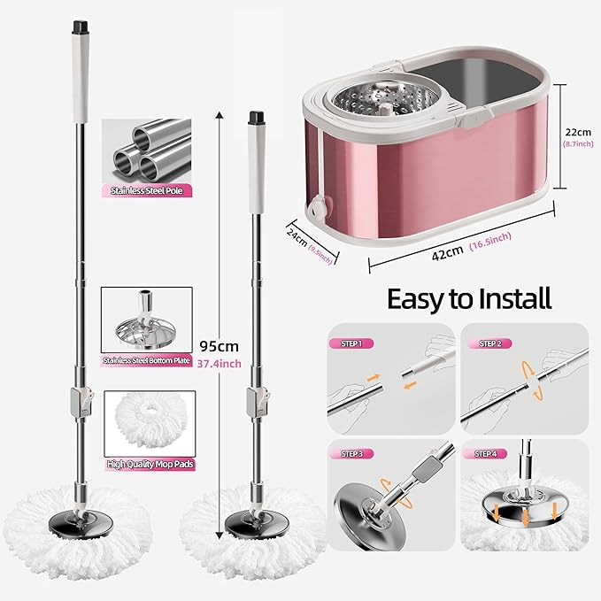 Spin Mop and Bucket with Wringer Set for Home,360° Mop and Bucket with Separate Clean and Dirty Water,Wet Dust Mop for Floor Cleaning with Extra Refills (Pink)