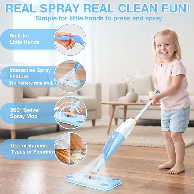 Dreamon Wooden Toddler Cleaning Set - 10Pcs Kids Cleaning Toy Set with Real Working Kids Spray Mop, Montessori Cleaning Toys with Broom and Mop Set for Toddlers Girls Boys Age 3-6