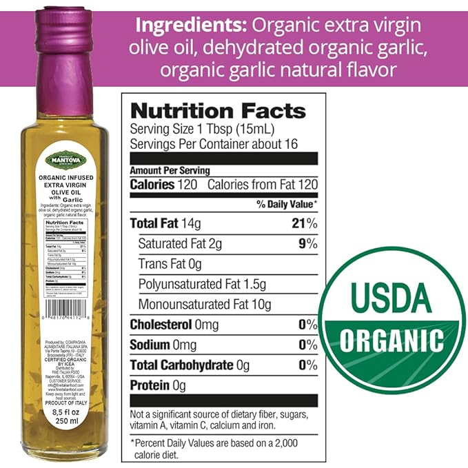 Mantova Garlic Organic Flavored Extra Virgin Olive Oil, 8.5 Oz Mantova Organic Flavored Extra Virgin Olive Oil, Mantova Organic Flavored Mantova USDA Organic Extra Virgin Olive Oil, ColdPressed, garlic, 8.5 Fl Oz
