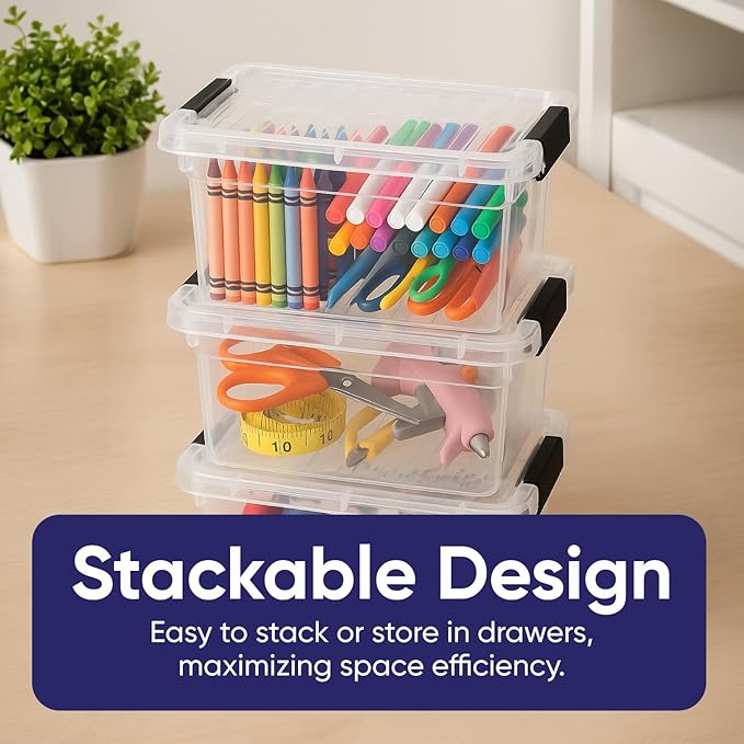 Superio Mini Storage Container Plastic Crayon Box Art Supplies and Sewing Case Stackable Clear Small Organizer for Beads, Stationery, Chalk, and Food