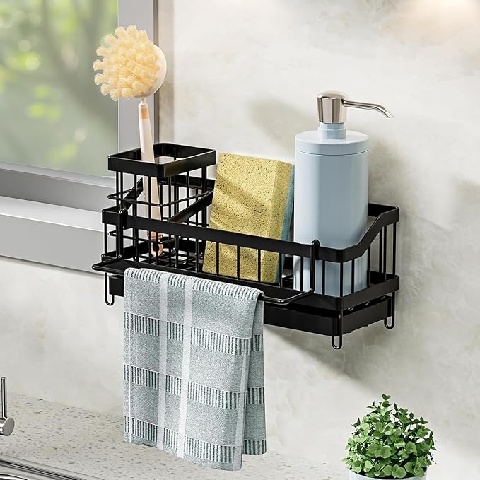 Sponge Holder for Kitchen Sink, Sink Caddy with High Brush Holder, Organzier Rustproof 304 Stainless Steel Dish Organizer Wall Mount, Soap Dispenser Storage