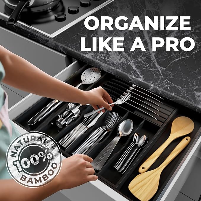 Premium Expandable Kitchen Drawer Organizer - 100% Bamboo Organizer Tray - Great for Silverware, Large Utensils, Flatware, Cutlery - 8 Compartments with Knife Block - Perfectly Fits Your Drawers