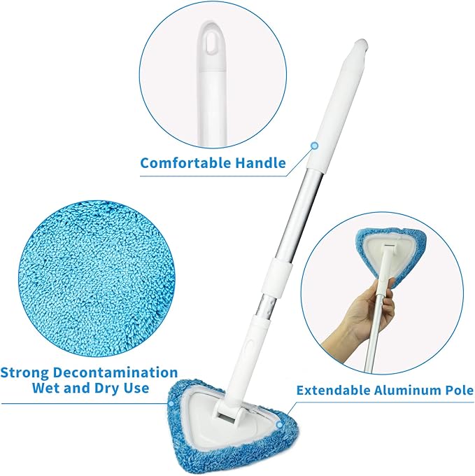 BITOPE Windshield Cleaning Tool, 26" Adjustable Handle, 3pcs Microfiber Pads, Ideal for Cleaning Inside Exterior SUVs, Trucks, RVs