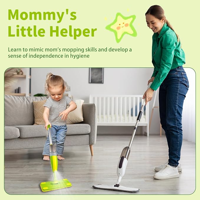 Kids Spray Mop, Fun & Functional Toddler Mop Cleaning Set,Real Working Mini Mop, Pretend Play Toy –Includes Spray Bottle,Washable Microfiber Pads, Montessori Kids Cleaning Toy Set -Green