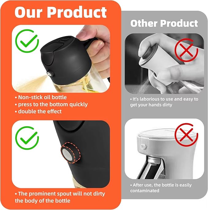oil sprayer 16oz Glass Olive Oil Sprayer for Cooking – 2 in 1 Olive Oil Dispenser Bottle for Kitchen Gadgets and Air Fryer Accessories, Salad, BBQ - Black