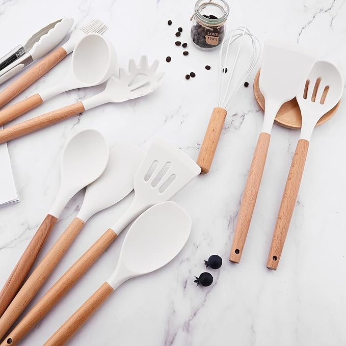 1pc White Silicone Solid Spoon with Wooden Handle, Heat Resistant Cooking Utensils, Mixing Spoon, Cooking Backing Spoons Set for Stirring, Mixing and Serving
