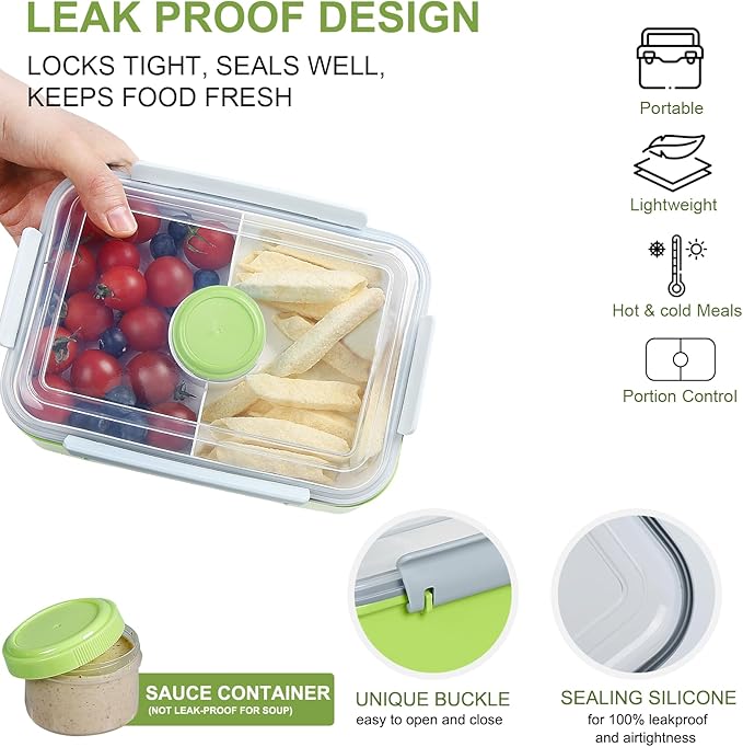 3 Pack Salad Lunch Box Food Storage Containers, 47oz Bento Box To Go Container with Lids, ReusableMeal Prep Containers with Removable Tray & Dressing Pots for Kids and Adults, Microwavable