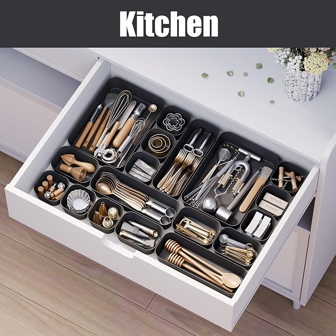 Plastic Drawer Organizers, 18 PCS Drawer Organizer Bins, Bathroom and Vanity Organizer Plastic Tray, Makeup organizer and storage for Makeup, Bedroom, Kitchen Gadgets Utensils and Office (Black)