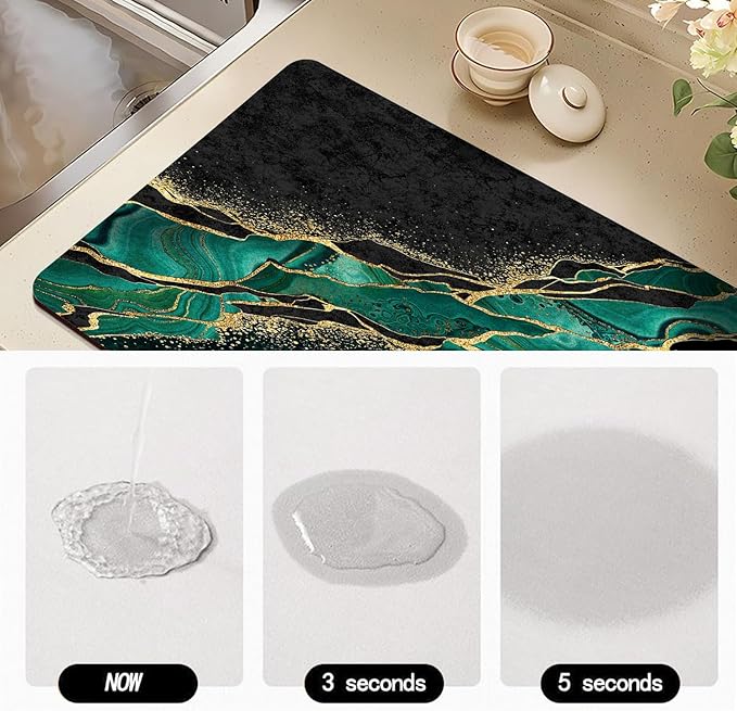 Dish Drying Mat for Kitchen Counter, Green and Gold Marble Washable Absorbent Quick Dry Pad with Rubber Backing, Draining Mat for Dishes Coffee Table, 12" x 20"