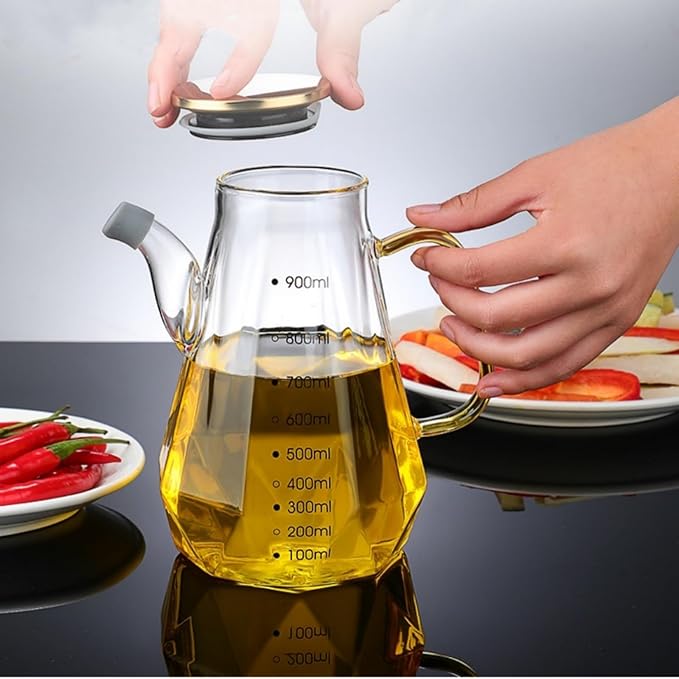 Glass Oil Dispenser Bottle - Glass Olive Oil Bottle for Kitchen, Wide Mouth Borosilicate Glass Cooking Oil Bottles with Lid and Handle (700ML)