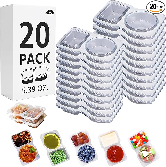 20 Sets Reusable Snack Containers Double Compartment Snackle Box Container with Lids - Leak-Proof BPA-Free Food Storage, Condiments Portion Control Dip Cups for Kids School Lunches, Meal Prep, Takeout