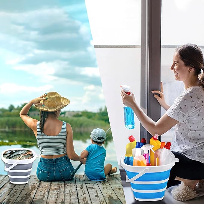 2 Pack Collapsible Buckets 10L 2.6 Gallon Cleaning Bucket Mop Bucket Folding Foldable Portable Small Plastic Water Supplies for Outdoor Garden Camping Fishing Car Wash Space Saving Square Grey Blue