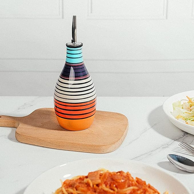 Ceramic Olive Oil Container, 400ml Capacity, Vinegar Dispenser With Pourer & Stopper, Stylish Kitchen Carafe Striped Design, 6" Height, 3" Width, Practical Seasoning Bottle, Elegant Tabletop Accessory