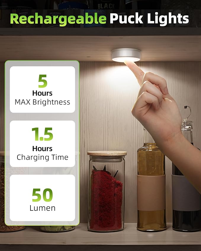 EZVALO LED Puck Lights, 6Pack Rechargeable Battery Touch Light, 2.5'' Mini Tap Lights, Wireless Closet Light, Under Cabinet Lighting, 3 Color & 83 RGB, Stick On Lights for Kitchen,Pantry,Shelves