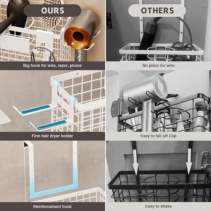 Magheo Hair Dryer Holder Cabinet Door 3-in-1 Adhesive Hair Tool Organizer Wall Mounted Adjustable Height Blow Dryer Holder Under Sink Bathroom Hair Appliance Organizer and Storage Countertop(White)