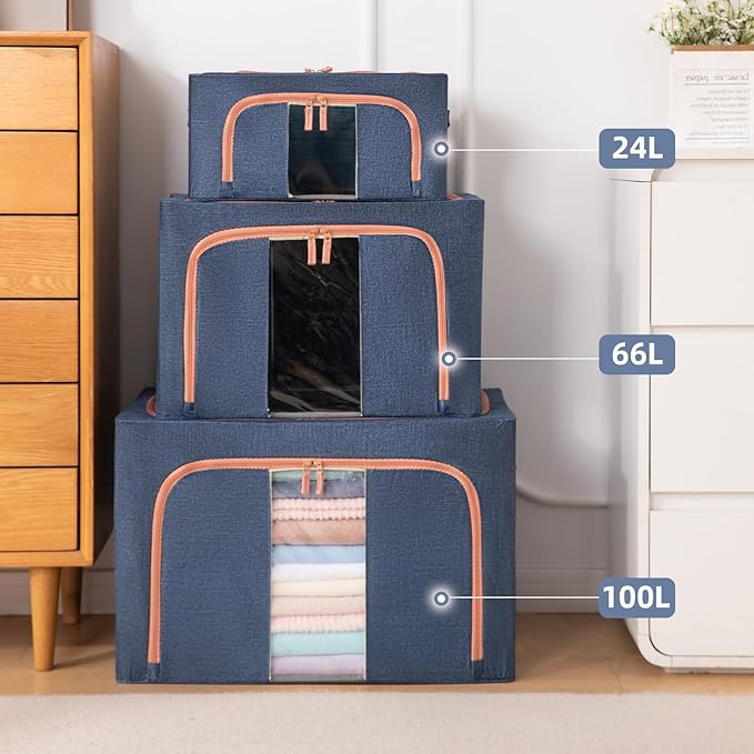 GuliPostan 100L Stackable Clothes Storage Bins with Metal Frame Handles & Zipper, Collapsible Closet Organizer Box with Lid for Bedding Blankets Towel