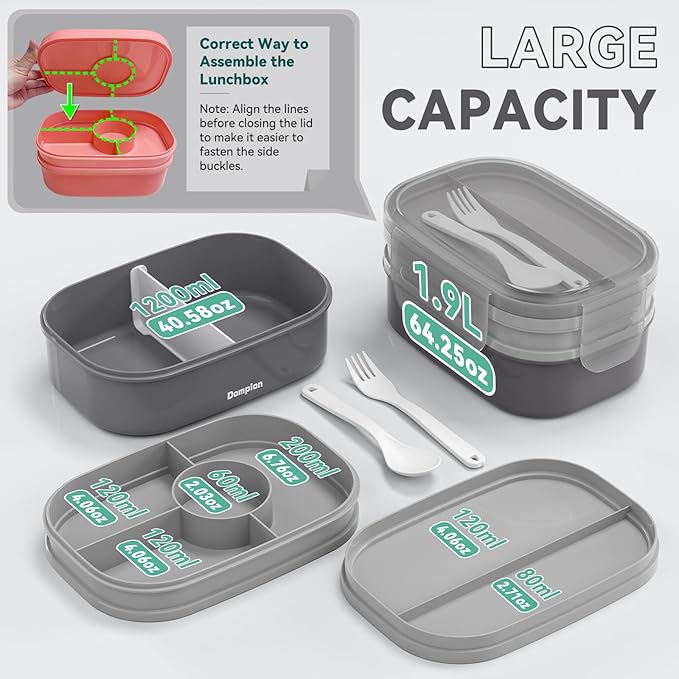 2 Layers Bento Box, All-in-One Stackable Lunch Container with Compartments