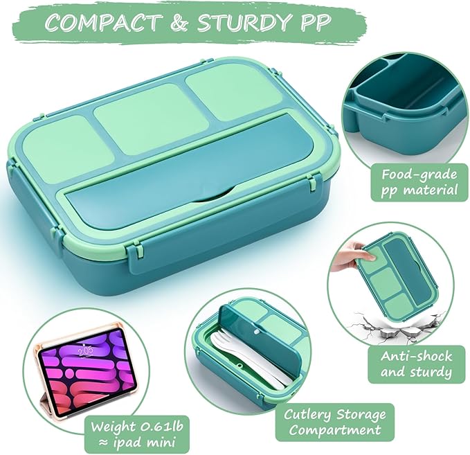 QQKO Bento Box for Kids Adults, School Toddler Lunch Box for Boys Girls, Lunch Box Containers with 4 Compartments, Sauce Container, Utensils