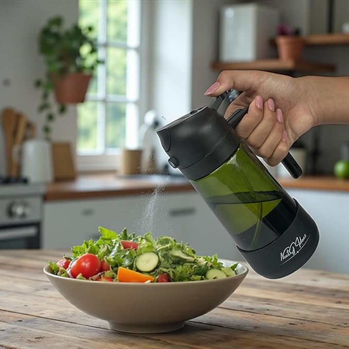 Oil Dispenser, 2 In 1 Cooking Oil Sprayer and Pourer, Non-Drip Spout for Kitchen Oil, Air Fryer, Salad, Grill, 16oz/470ml with Silicone-Encased Base (Black Cap, Green Bottle)