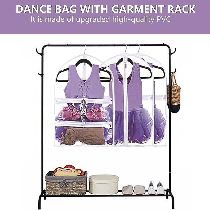 WJWSKI Clear Kids Dance Garment Bag for Hanging Clothes,35 Inch Waterproof PVC Travel Garment Bag with 3 Pockets for Dance Costumes,Sports,Skating,Theatre,Beauty Pageants & More