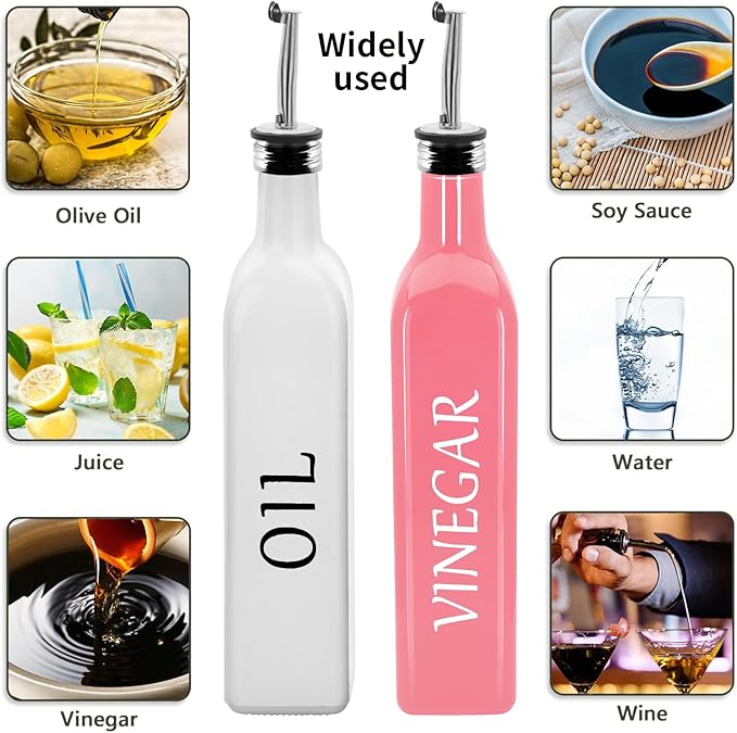 Olive Oil Dispenser Bottle,2 Pcs 17oz 500ml Glass O il and Vinegar Dispenser Set with 2 Stainless Steel Pourers, 8 Labels,Funnel Vinegar Bottles for Kitchen (White Oil & Pink Vinegar)