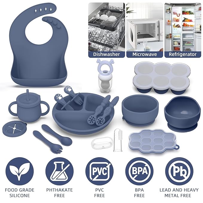 16 Pack Silicone Baby Feeding Set, BPA-Free Baby LED Weaning Supplies, Include Suction Plates, Baby Bowls, Silicone Fork & Spoon, and More, First Stage Baby Food Eating Utensils - 6+ Months(Blue, 16)