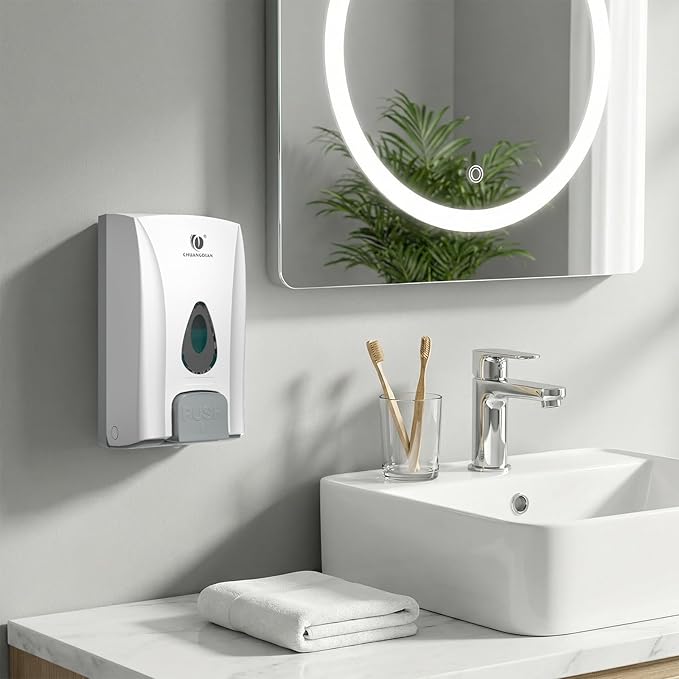 Hand Soap Dispenser Wall Mount No Drill 33.8oz/1000ml Manual Liquid Soap Dispenser Bathroom Large Capacity Commercial Shower Dispenser No Drill Restaurants Home Office, White