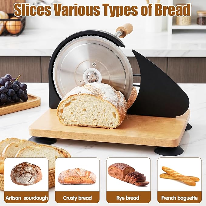 Manual Bread Slicer for Homemade Sourdough Bread, Adjustable Thickness & Evenly Slicing, Hand Crank Bread Slicer with Scale Line and Suction Cup, Serrated Blade Design, Patent Black