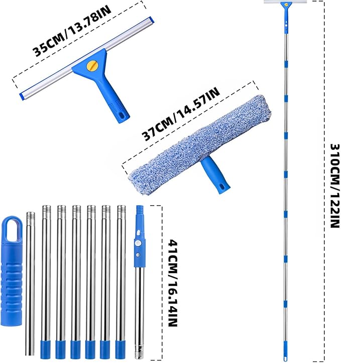 Professional Window Cleaning kit, 2-in-1 Window Squeegee with 122" Extension Poles, Suitable for Indoor & Outdoor Windows, High Glass, High Windows