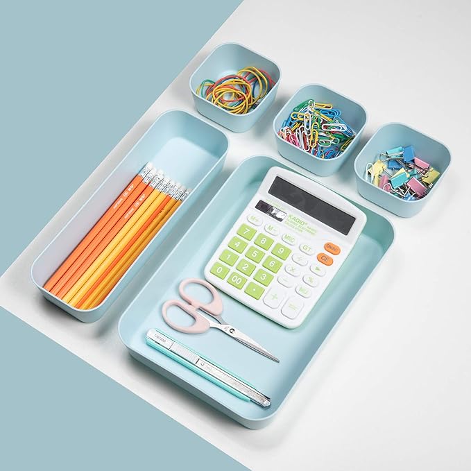 Set Of 12 Blue Color Plastic Desk Drawer Organizers For Makeup Bathroom Office