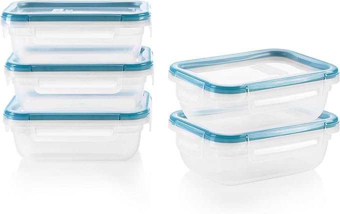 Snapware Plastic Total Solution 5-Pack (3-Cup) Food Storage Containers Set, Leakproof & Airtight Plastic Locking Lids Rectangular Tupperware