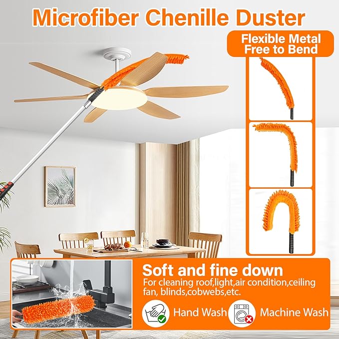 26FT High Reach Duster Cleaning Kit with 5-20 FT Extension Pole,High Ceiling Dusting and Window Cleaning Kit with Microfiber Feather Duster,Cobweb Duster,Ceiling Fan Duster,Window Squeegee Cleaner