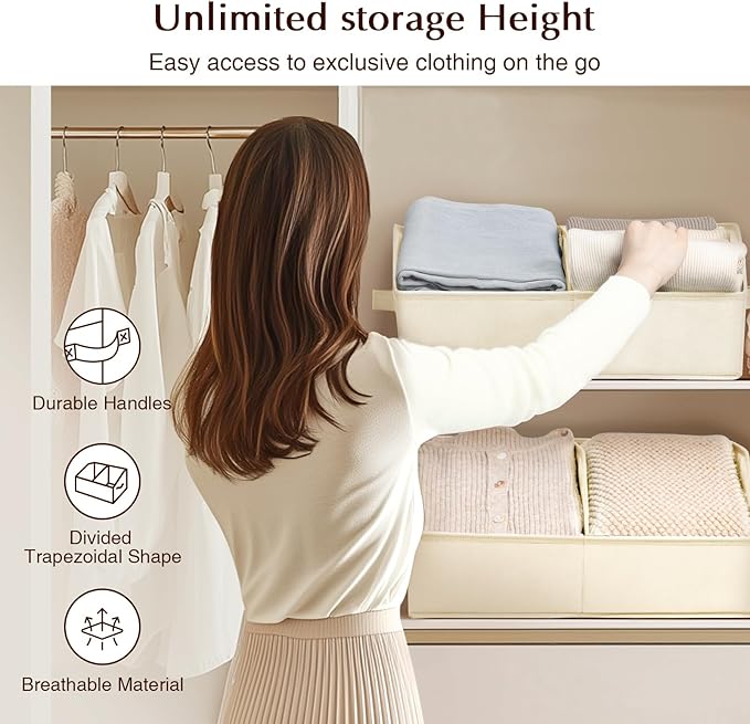 Homsorout Closet Organizers and Storage Bins - 4 Pack Collapsible Divided Trapezoidal Cube Storage Bins Baskets For Organizing Clothes Blankets,Toys, Books, Towels(Beige)