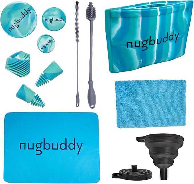 nugbuddy Glass Cleaning Kit - Reusable Silicone Accessories - Complete Kit to Clean your Piece, Just Add Cleaner - Reusable Soaker Bag, Brushes, Mat