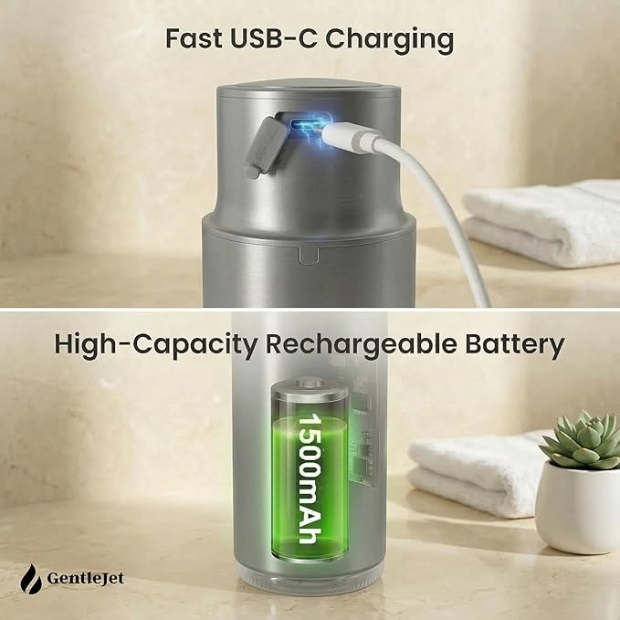 GentleJet CrystalJet Automatic Foam Soap Dispenser – Stainless Steel, Touchless Sensor, USB-C Rechargeable, Waterproof, Modern Bathroom & Kitchen Sink, 300 ml