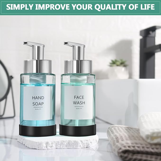 RYTOXILO Glass Soap Dispenser, 10 oz/300ml Foaming Soap Dispenser, 2 Pack Foaming Hand Dispenser with 2 Non-Slip Silicone Bottom Sleeve, Clear Refillable Foam Soap Bottle with Silver Pump