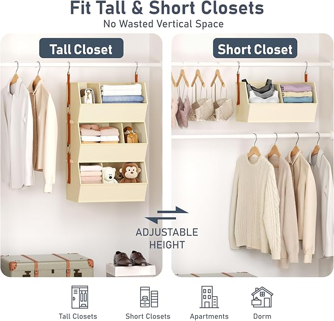 Hanging Closet Organizer Extra Large, Clothes Hanging Shelves for Closet with Divider, Collapsible Closet Storage System, Fabric Storage Bins for Home