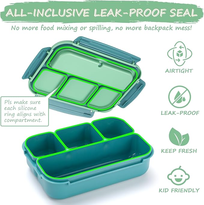 QQKO Bento Box for Kids Adults, School Toddler Lunch Box for Boys Girls, Lunch Box Containers with 4 Compartments, Sauce Container, Utensils