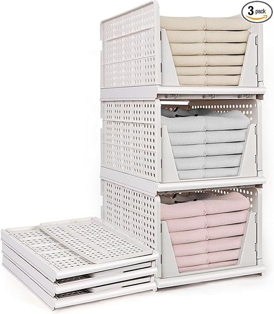 yazi 3 Pack XL Folding Closet Organizers Storage Box, Stackable Closet Storage Box, XL Plastic Drawer Organizer, 3XL Stackable Storage Bins Storage Drawers for Clothing, Closet Shelf Organizer