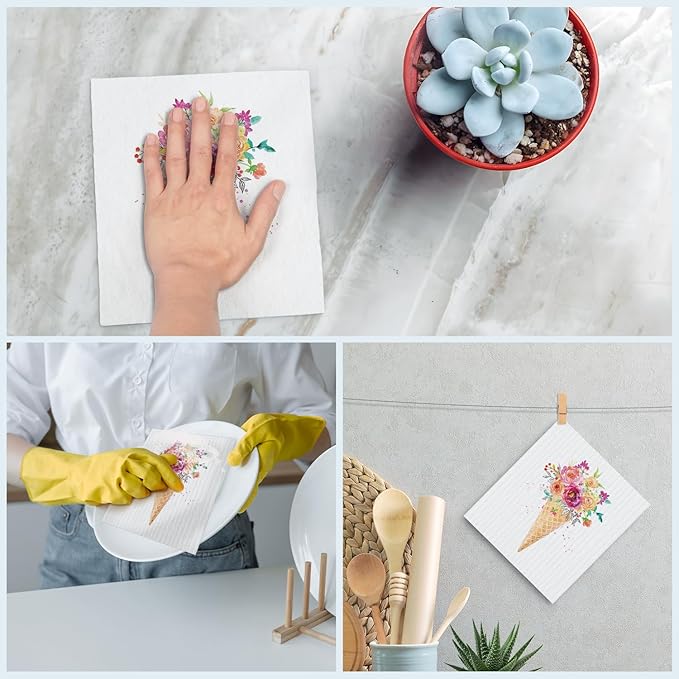 Swedish Dishcloths for Kitchen, Summer Ice Cream Floral Kitchen Dish Towels for Washing Dishes, 4 Pack Reusable Paper Towels, Ice Cream Decor, Sponge Cloths for Home Cleaning Cooking Baking
