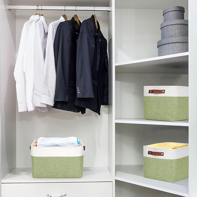 Storage Bins Large Fabric Storage Baskets for Shelves 3 Pack, Green&White
