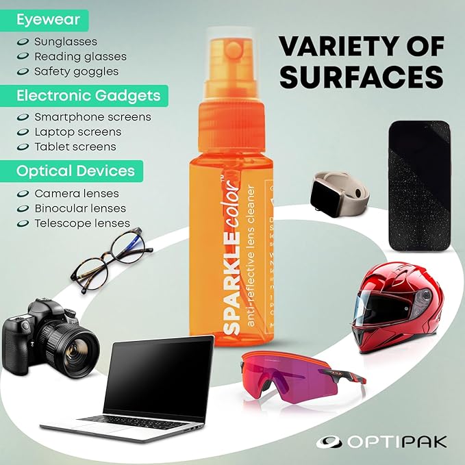 Sparkle Anti-Reflective Safe Lens Cleaner Spray Kit - (2) 1oz Glasses Cleaner Spray, (5) Pre-Moistened Lens Wipes & (1) Travel Pouch for Eyeglasses